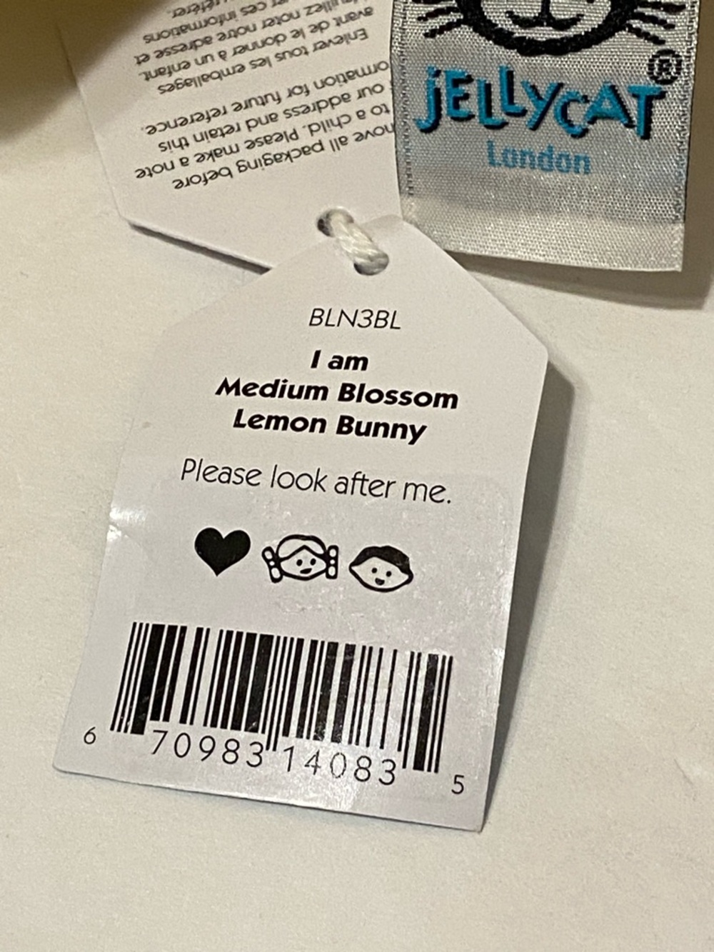 Jellycat Blossom Lemon Bunny Retired yellow plush, floral-patterned ear lining - Picture 9 of 10